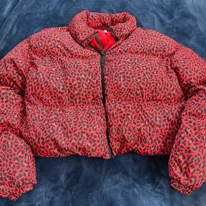 Fabletics Red Leopard Print Puffer Jacket Size Small